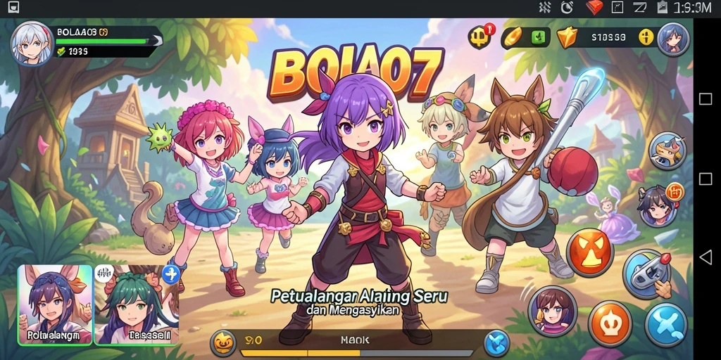 Tampilan gameplay BOLA07 yang penuh aksi dan karakter colorful.