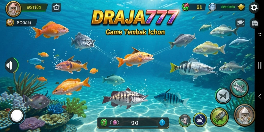 Tampilan gameplay DRAJA777 saat menembak ikan dengan senjata canggih.