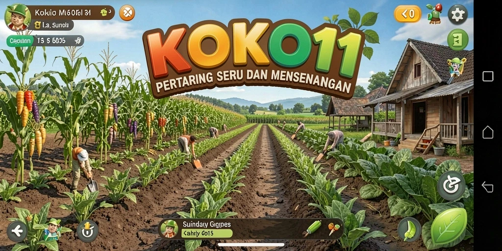 Gambaran gameplay KOKO11 yang menampilkan kebun yang subur dan aktif.