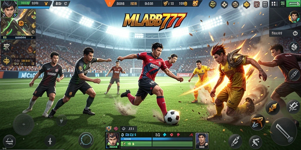 Screenshot MLBB777 menampilkan aksi seru di lapangan sepak bola.