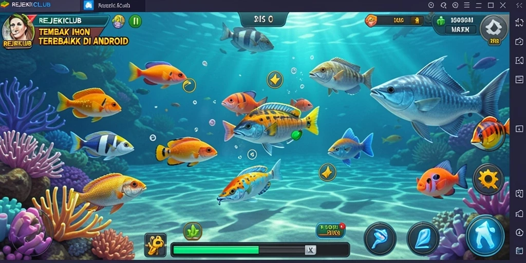 Tampilan gameplay seru dalam REJEKICLUB saat menangkap ikan.