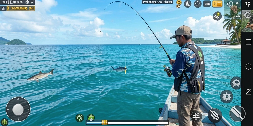 Screenshot gameplay SOBATGAMING menampilkan keseruan memancing ikan di laut.