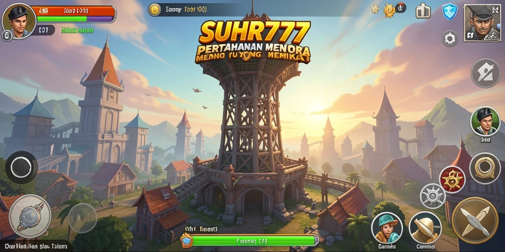 Screenshot menunjukkan gameplay menegangkan dalam SUHU777 dengan menara yang siap bertempur.