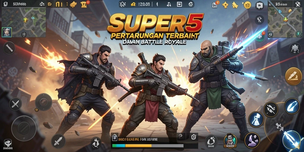 Screenshot gameplay SUPER5 menampilkan aksi seru dalam pertempuran Battle Royale.