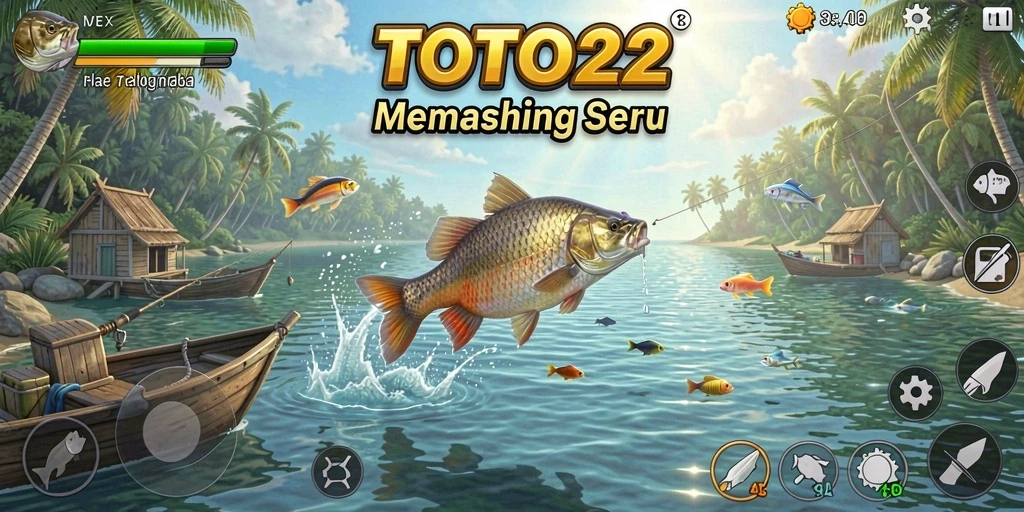 Screenshot gameplay TOTO22 menampilkan aksi seru memancing di danau.